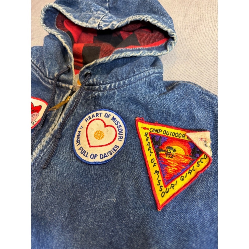 Vintage Carhartt Denim Jacket Flannel Lined Girl Scouts Patches Blue Hoodie - Picture 3 of 8